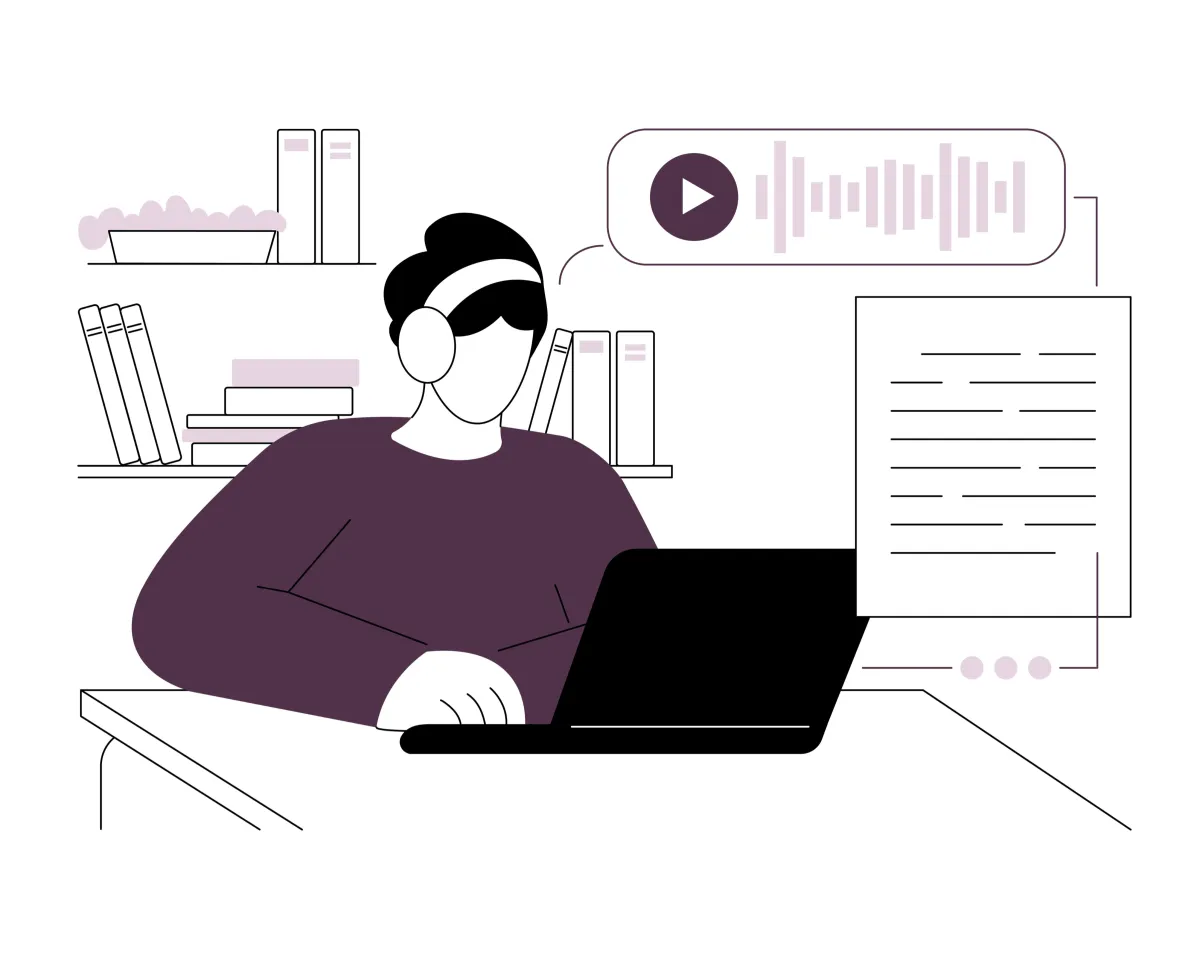 A stylised line illustration of someone transcribing audio onto a laptop while wearing headphones.