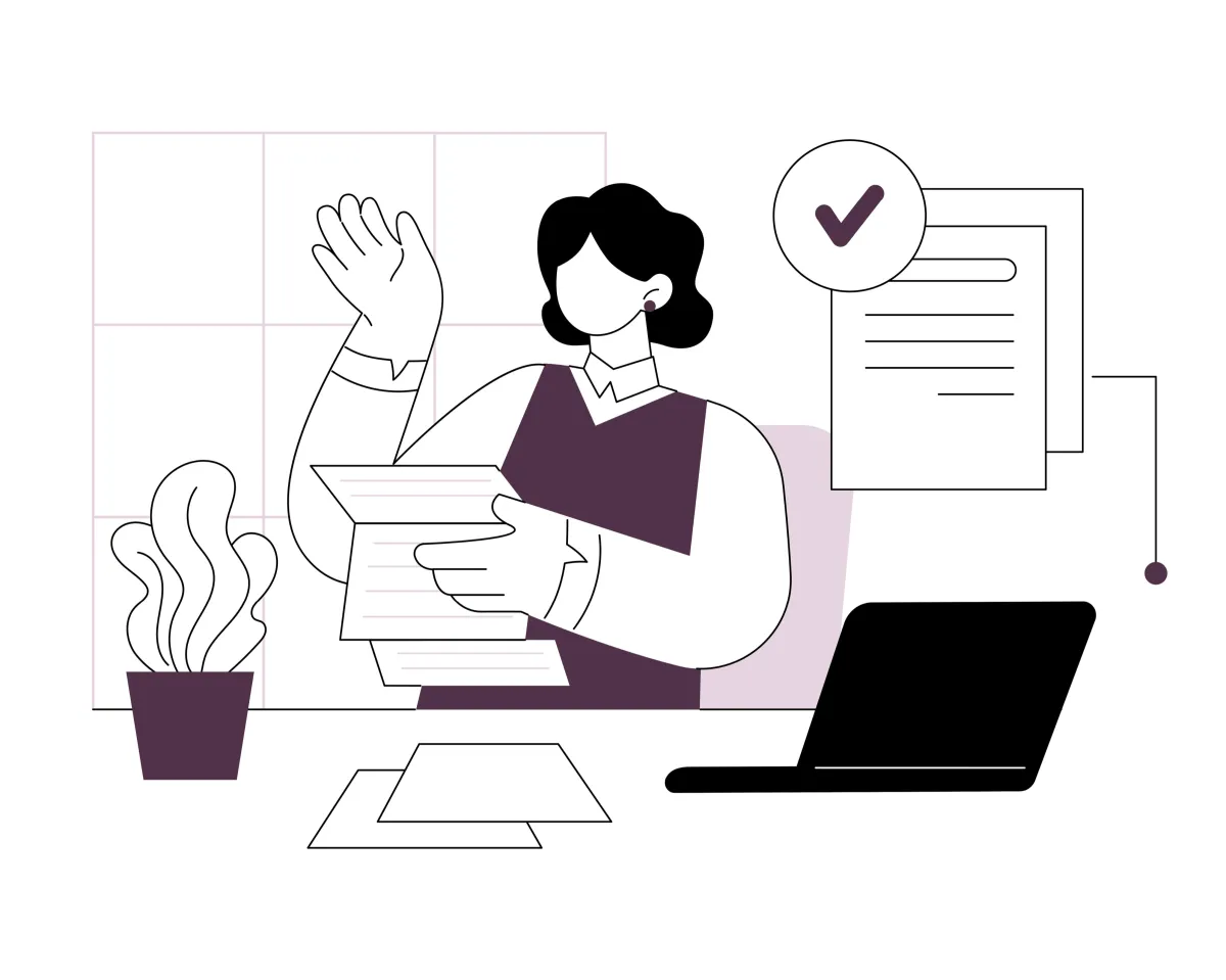 A stylised line illustration of a person happy with the documentation they've received via their computer. 