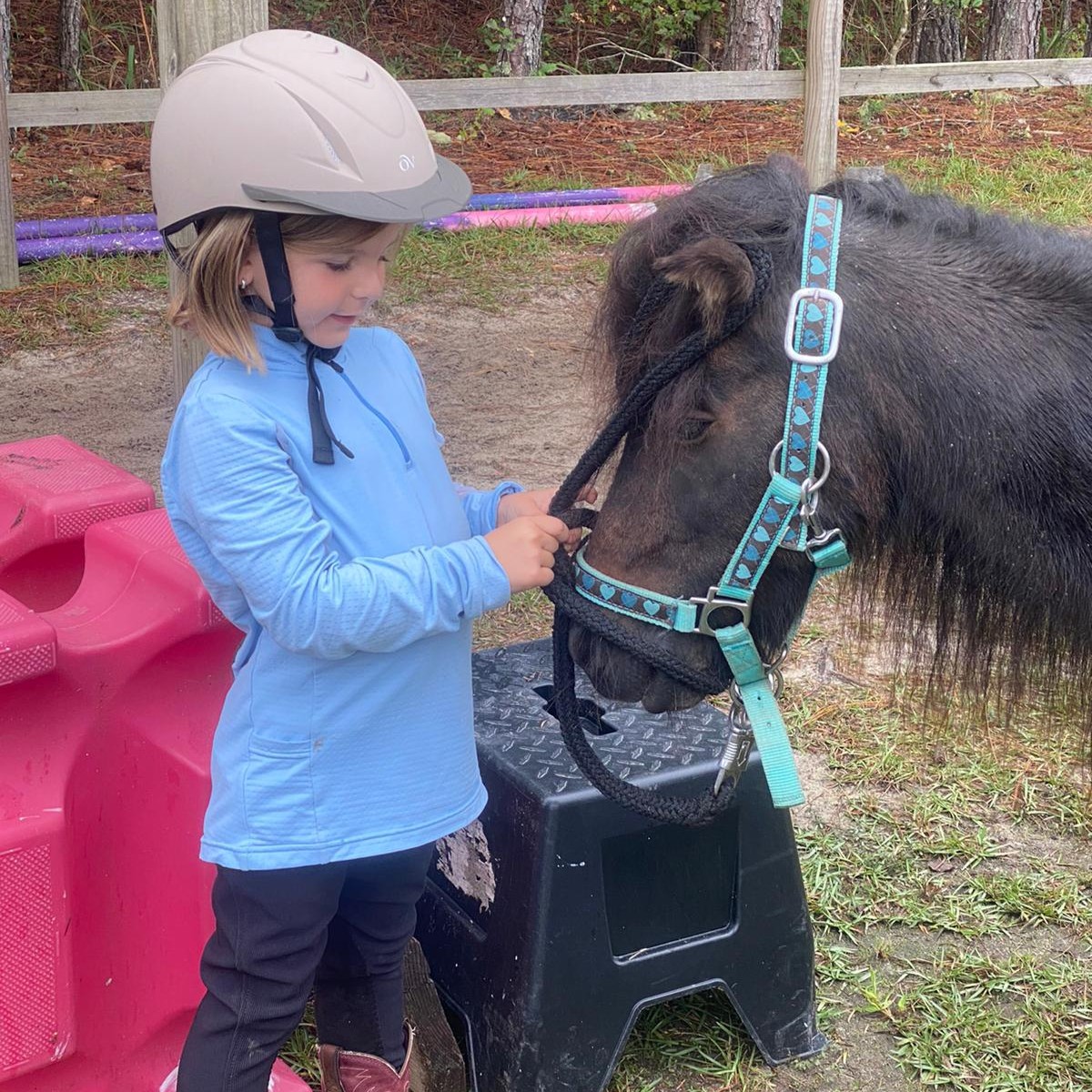 boy is learning to sit and balance on his pony