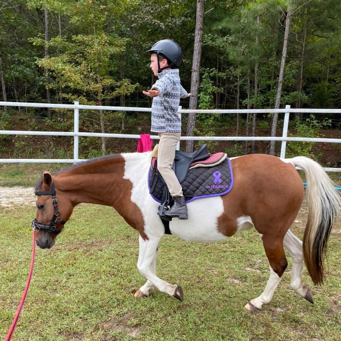 boy is learning to sit and balance on his pony 