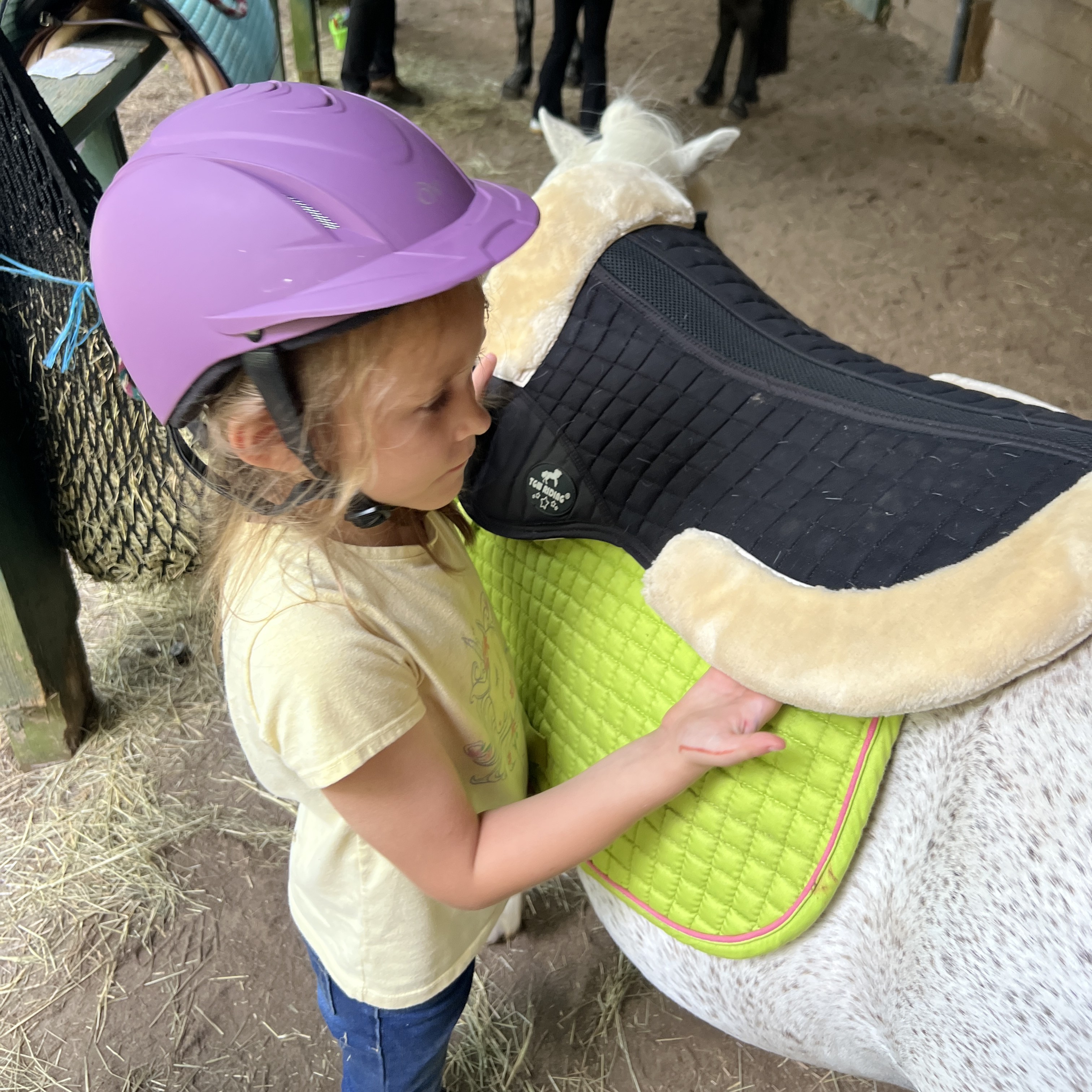 boy is learning to sit and balance on his pony 