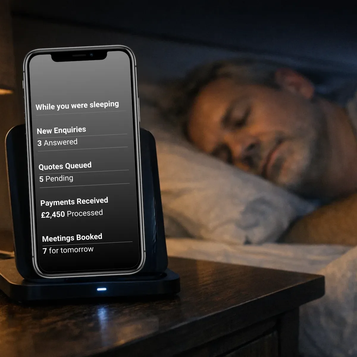 A diverse team of tradespeople—plumber, builder, electrician—standing together in branded workwear, smiling confidently in a workshop setting. 1:1 aspect ratio, neutral palette, documentary style.