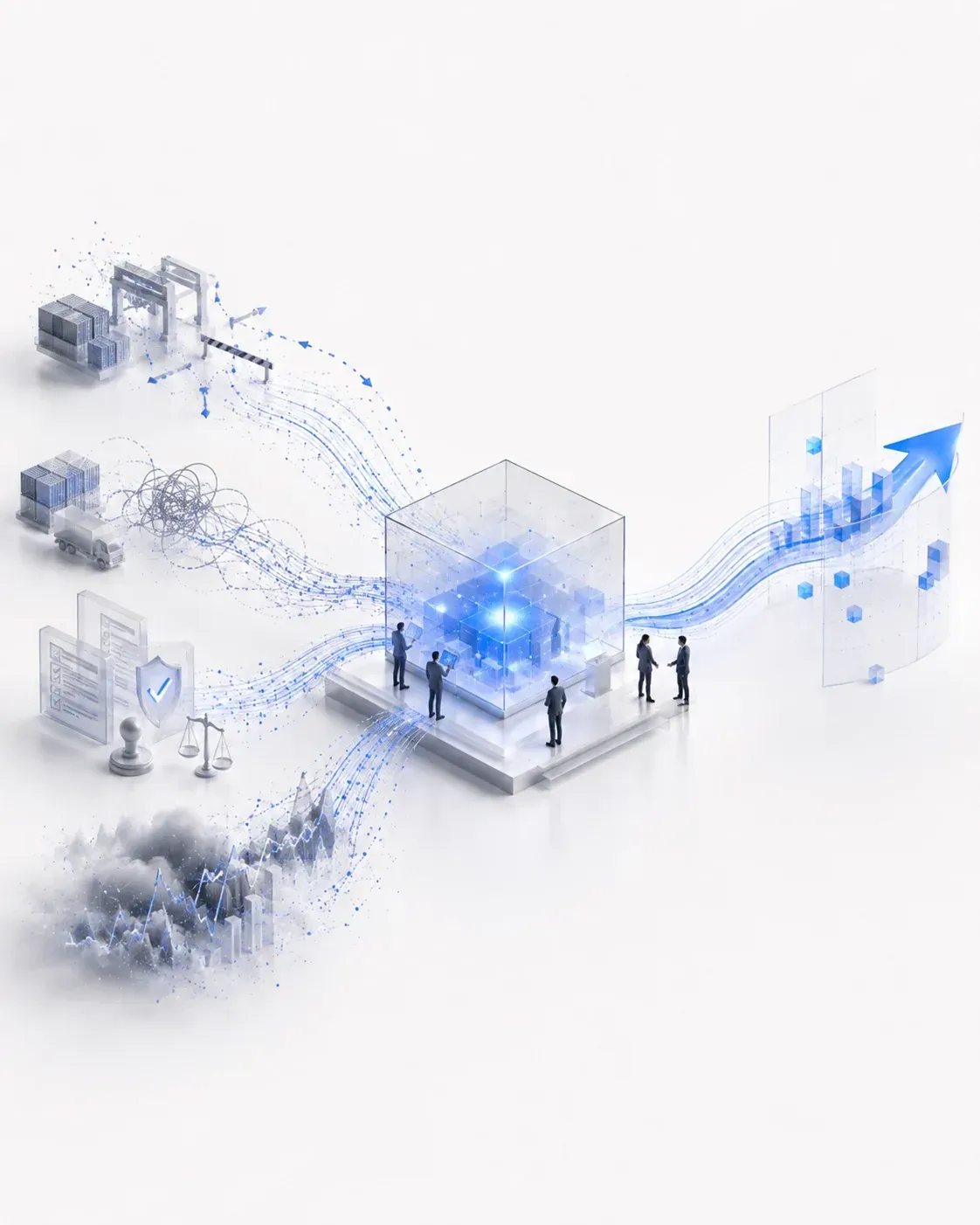 Abstract 3D isometric illustration of data flowing through digital platforms, featuring glowing blue lines, server stacks, and floating charts on a white pedestal
