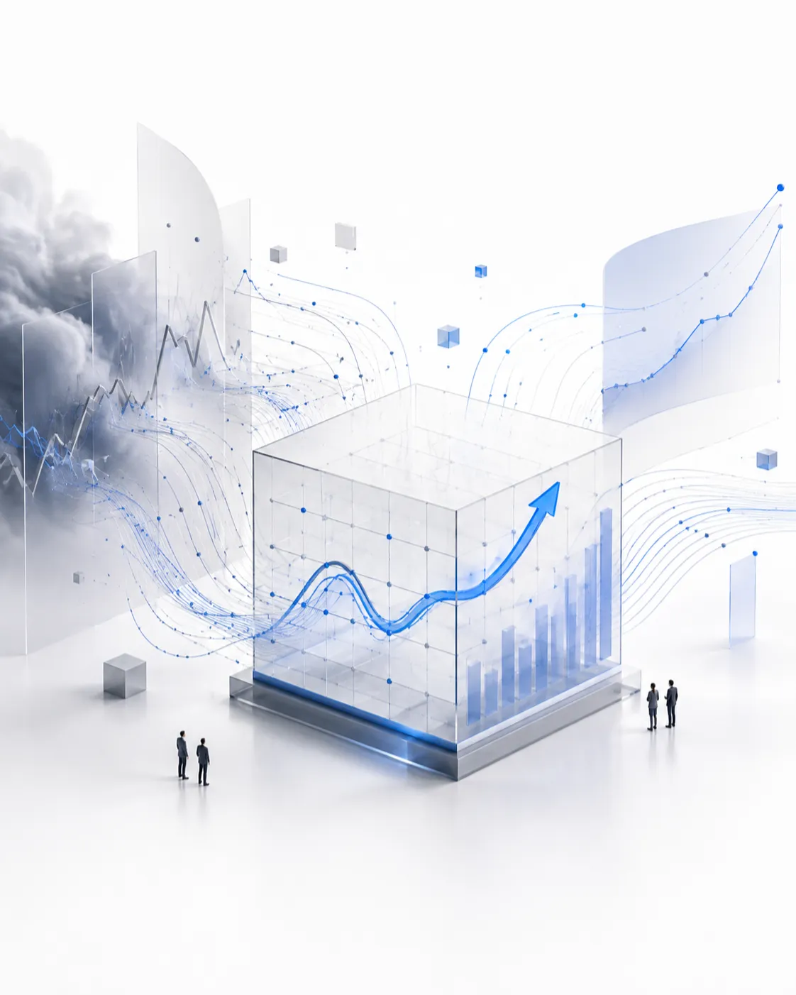 Abstract 3D illustration of a transparent data chart over a market noise background, with tiny figures interacting with the data.