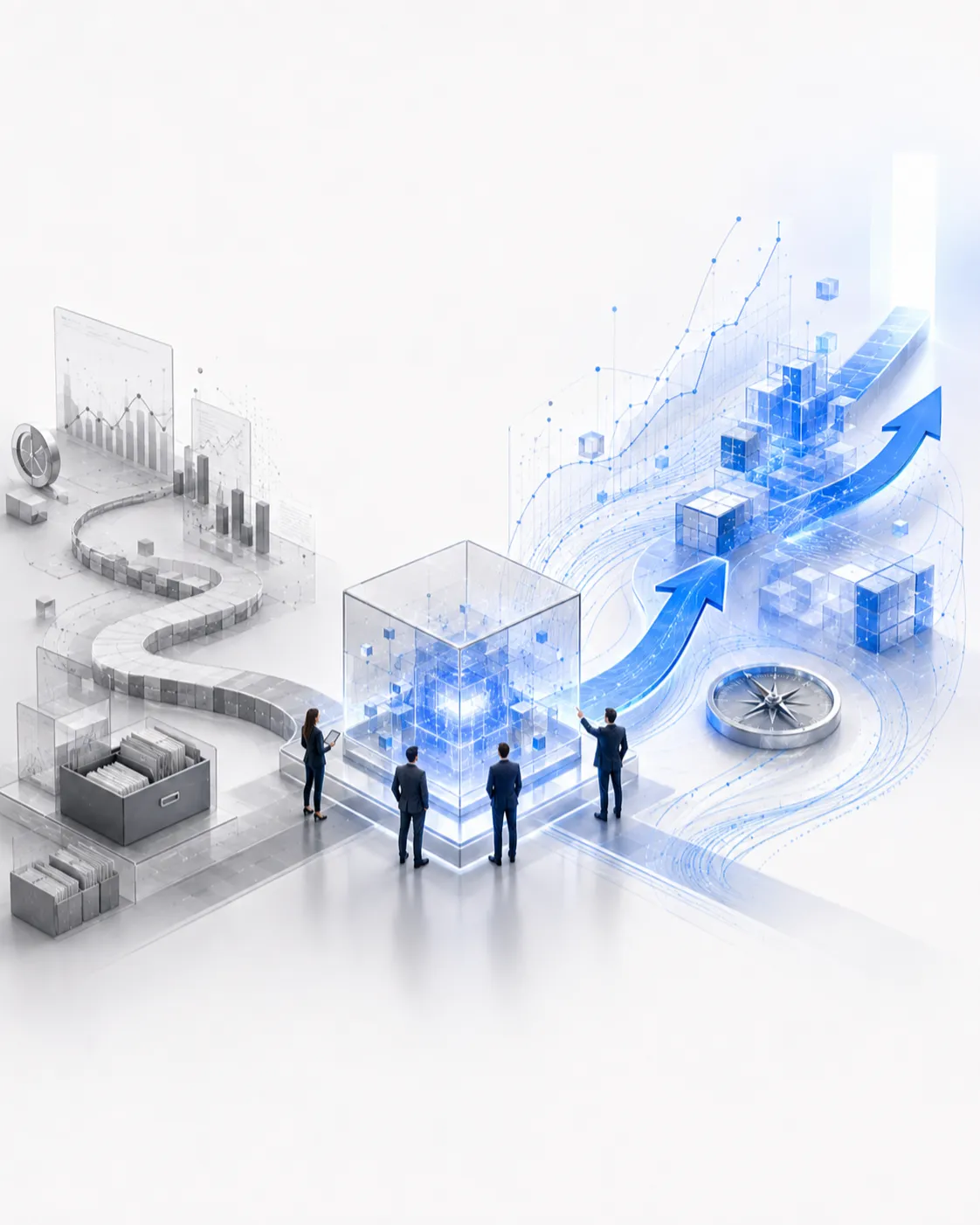 3D isometric illustration of business people connecting scattered spreadsheets and data points to a central, glowing blue server block.