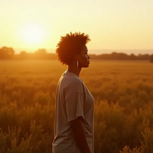 black middle aged woman walking through tall grass sunrise slow motion