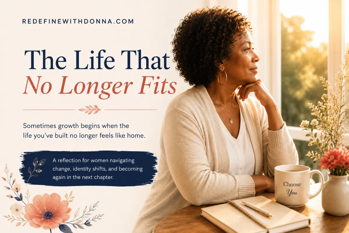 African American woman over 40 standing thoughtfully by a sunlit window, reflecting on identity, purpose, and personal growth during a midlife transition.