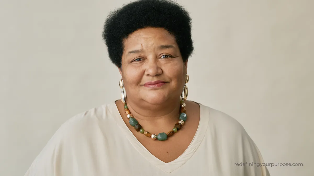 A woman over 50 standing confidently, looking directly ahead