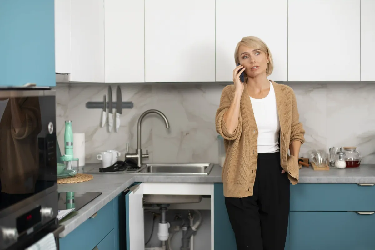 Women calling a plumber for her sink