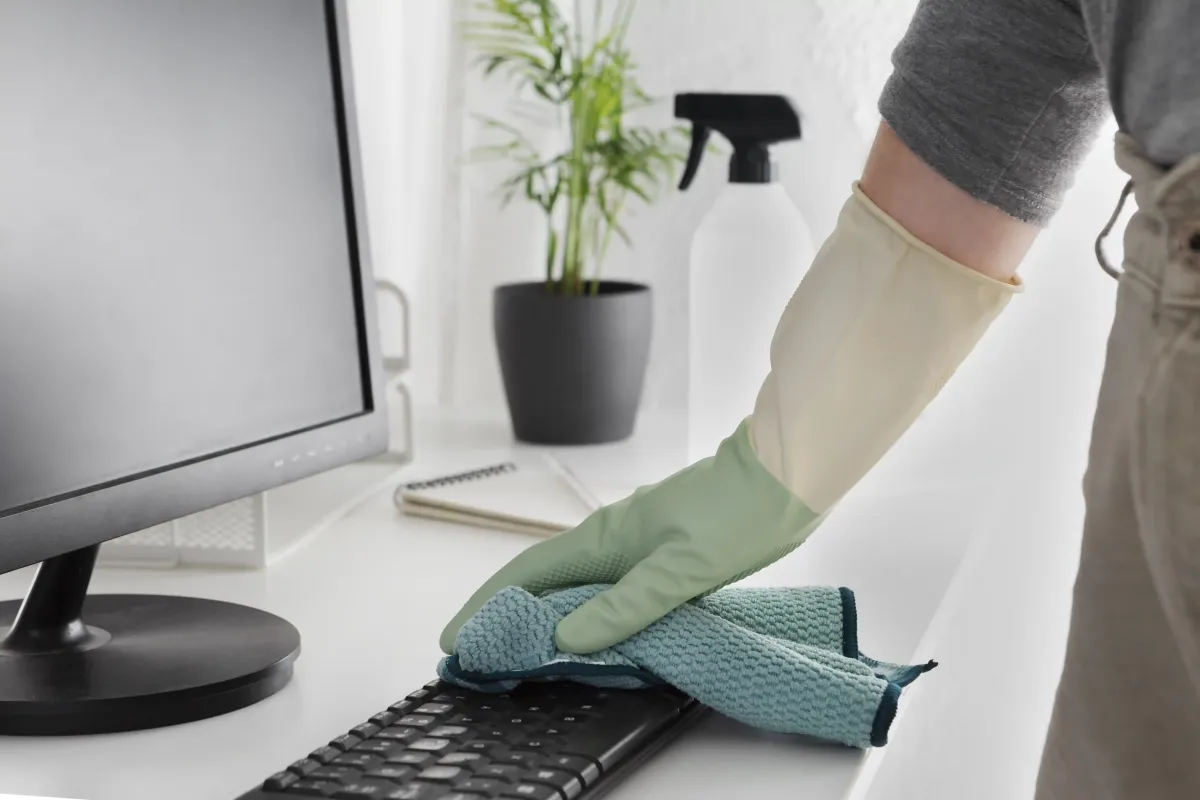 cleaner cleaning a keyboard with a microfiber towel