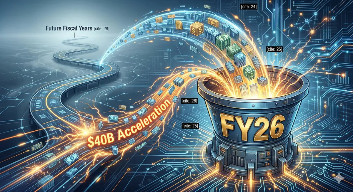 A high-energy digital illustration demonstrating funding timing compression. A glowing arc of digital capital labeled "$40B Acceleration" is forcefully pulled forward from a distant timeline representing future years. This arc merges into a massive, central funnel labeled "FY26," set against a sophisticated, high-tech network background.