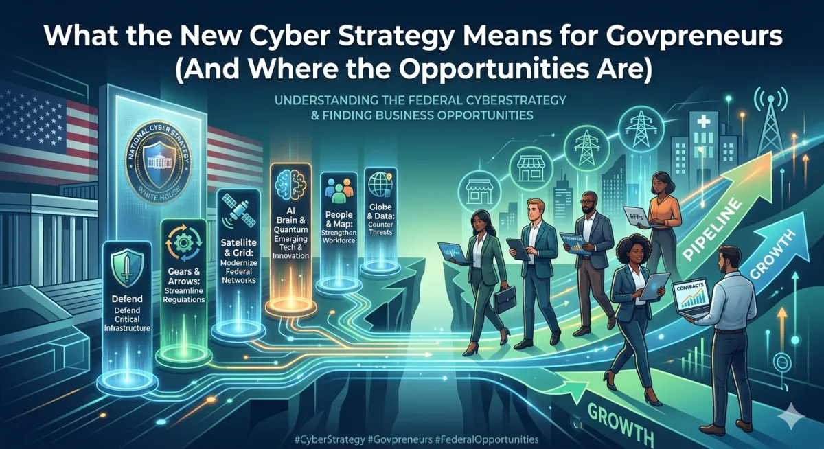 Digital bridge connecting the White House to entrepreneurs, featuring the six pillars of the National Cyber Strategy and a business growth pipeline.