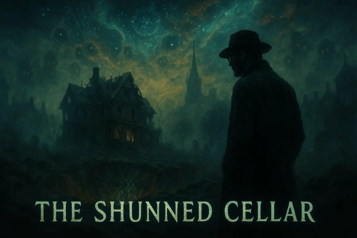 A cinematic, wide-format digital painting for The Shunned Cellar. In the foreground stands Nathaniel Crowe, depicted as a dark, scholarly figure in a wide-brimmed hat and trench coat, partially shrouded in mist. Behind him looms a dilapidated Victorian mansion—its base crumbling into a massive fissure glowing with eerie glyphs. The night sky above is filled with swirling cosmic patterns and faint alien geometries. Shadowy figures and spectral forms blur in the background mist. At the bottom of the image, the story title “The Shunned Cellar” is emblazoned in eerie, stone-like lettering that glows with eldritch light.