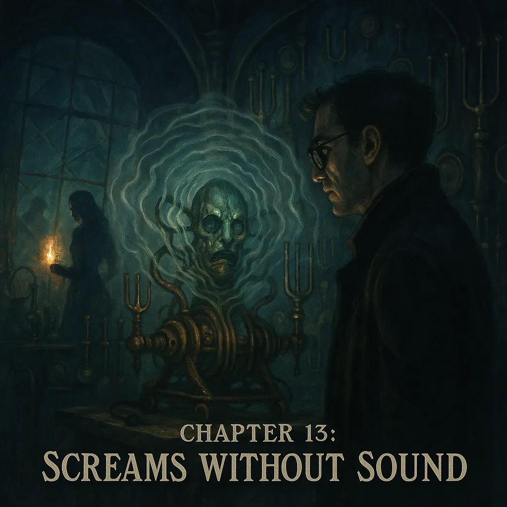 A dark, atmospheric painting depicts Nathaniel Crowe in profile, wearing glasses and a long coat, standing before a strange mechanical-organic contraption in Ruth Emory’s observatory. The machine has an embedded, grotesque iron-and-sea-glass mask at its center, emitting silent ripples that distort the air. The room is filled with brass tuning forks and alchemical instruments. In the background, a shadowy figure of Delilah Snow burns séance materials near shattered mirrors, casting an eerie glow. At the bottom, antique serif lettering reads: “Chapter 13: Screams Without Sound.”