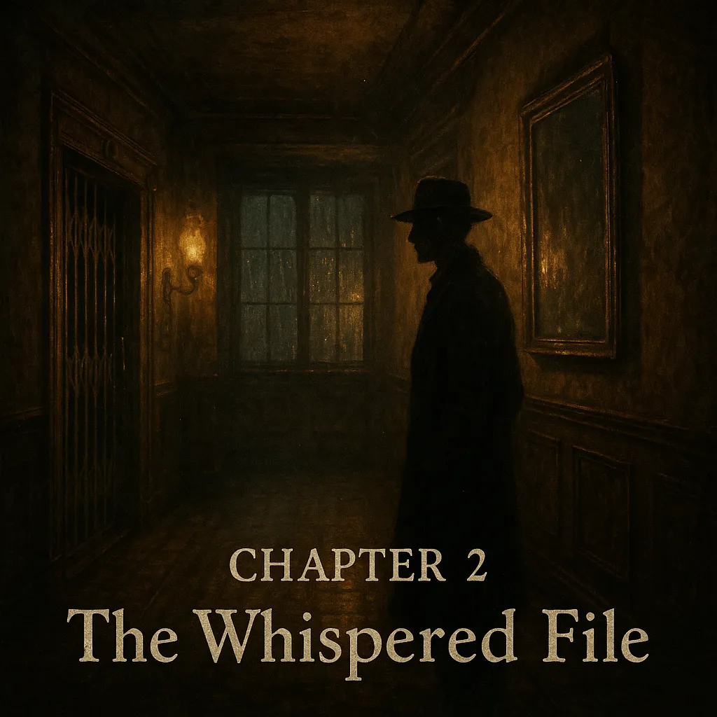 A dark, moody hallway inside the Arkham Grand Hotel, lit dimly by a single wall sconce near an antique brass elevator with its cage gate ajar. At the far end, rain-soaked windows glow faintly despite no external light source. In the foreground, the shadowed silhouette of Nathaniel Crowe stands beside a mirror that fails to reflect his presence. The bottom of the image bears the distressed serif title: “Chapter 2: The Whispered File.”