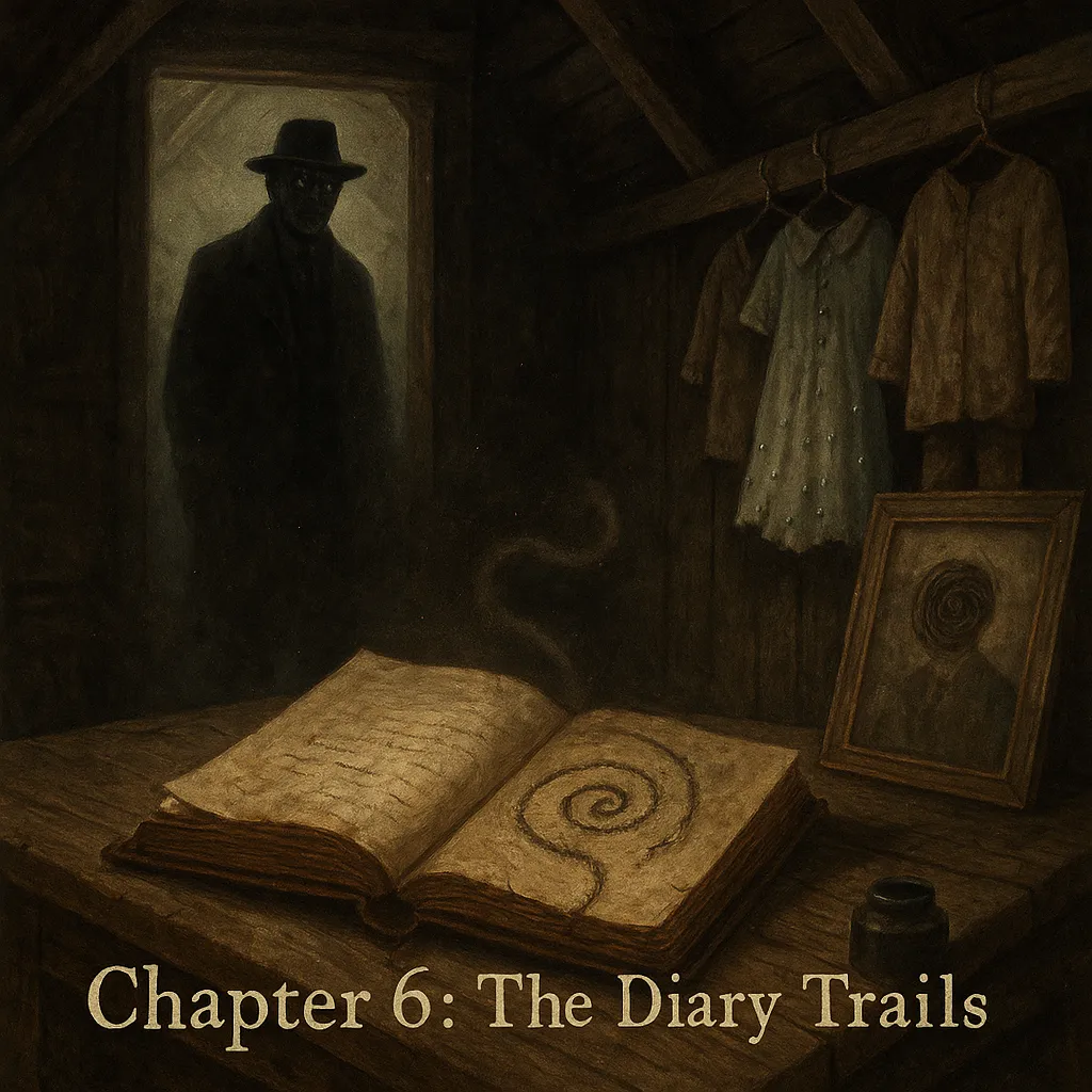 A dim attic scene rendered in traditional, muted tones. In the foreground sits an open, aged diary on a wooden table, one page trailing into a spiraled glyph. Faint wisps rise from the ink. To the right, children’s clothes hang neatly, lined with faint glass details, and beside them is a portrait frame showing a face scratched into a spiral. In the doorway stands a shadowy man in a coat and wide-brimmed hat—his glasses catching the attic’s faint light, his face obscured. The chapter title reads “Chapter 6: The Diary That Trails” in antique serif font at the bottom.