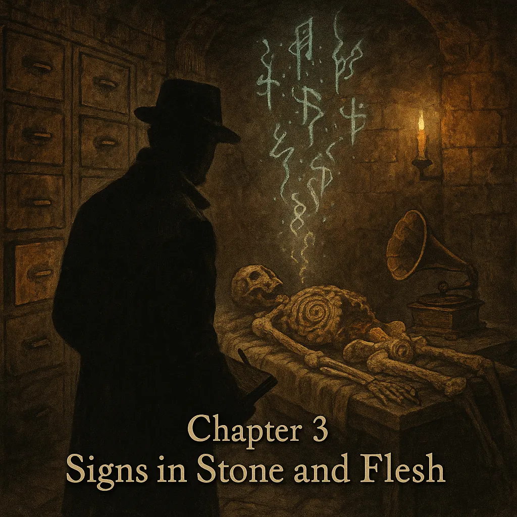 A candlelit morgue chamber rendered in sepia tones shows Nathaniel Crowe, a shadowy figure in an overcoat and fedora, standing before a gurney holding eerie remains. The bones are spirally etched and faintly glowing. Above them float spectral glyphs. A phonograph plays beside the body, and a wall of mortuary drawers looms in the background. At the bottom of the image, distressed antique serif text reads: “Chapter 3: Signs in Stone and Flesh.”