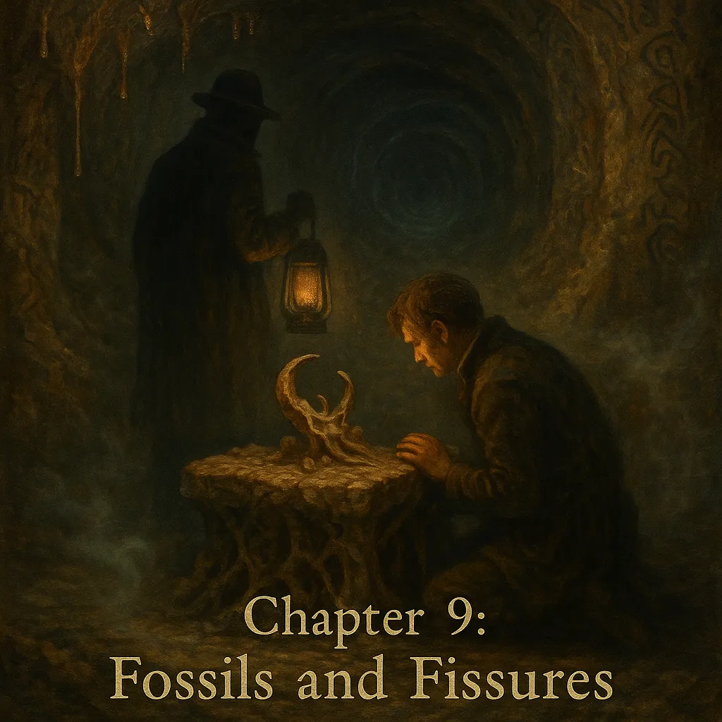 A shadowy underground chamber illuminated by a flickering lantern held by a tall, cloaked figure (Nathaniel Crowe). In the foreground, a man kneels at a fossilized altar made of vertebrae, staring transfixed at a glowing, claw-like fossil. The chamber walls are lined with dripping resin and alien glyphs, and a spiral tunnel recedes into darkness behind them. At the bottom, distressed serif text reads: “Chapter 9: Fossils and Fissures.”