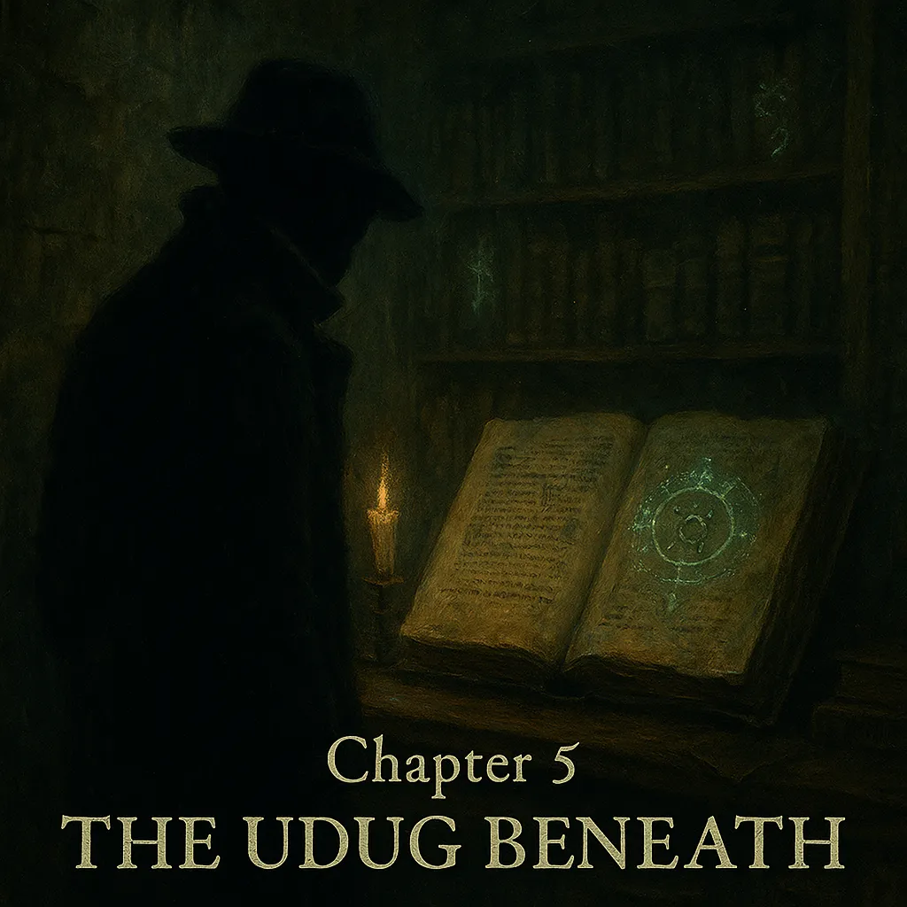 A shadowy figure—Nathaniel Crowe—stands in the dim glow of candlelight within a cryptic archive. Before him lies an ancient tome, its pages aglow with a circular arcane glyph radiating faint greenish light. Moss creeps along the stone walls and dusty shelves, while spectral sigils flicker faintly in the background. The bottom of the image reads: “Chapter 5: The Udug Beneath” in a distressed antique serif font.