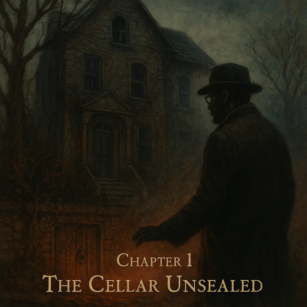 A moody, painterly image of a crumbling Gothic mansion cloaked in fog and twisted trees. In the foreground, a shadowy male figure in a dark overcoat and fedora—presumably Nathaniel Crowe—extends his hand toward a glowing, reddish-orange cellar door set into the vine-covered foundation. The atmosphere evokes ancient dread. At the bottom of the image, the title reads: “Chapter 1: The Cellar Unsealed” in an antique serif font with subtle distressing.