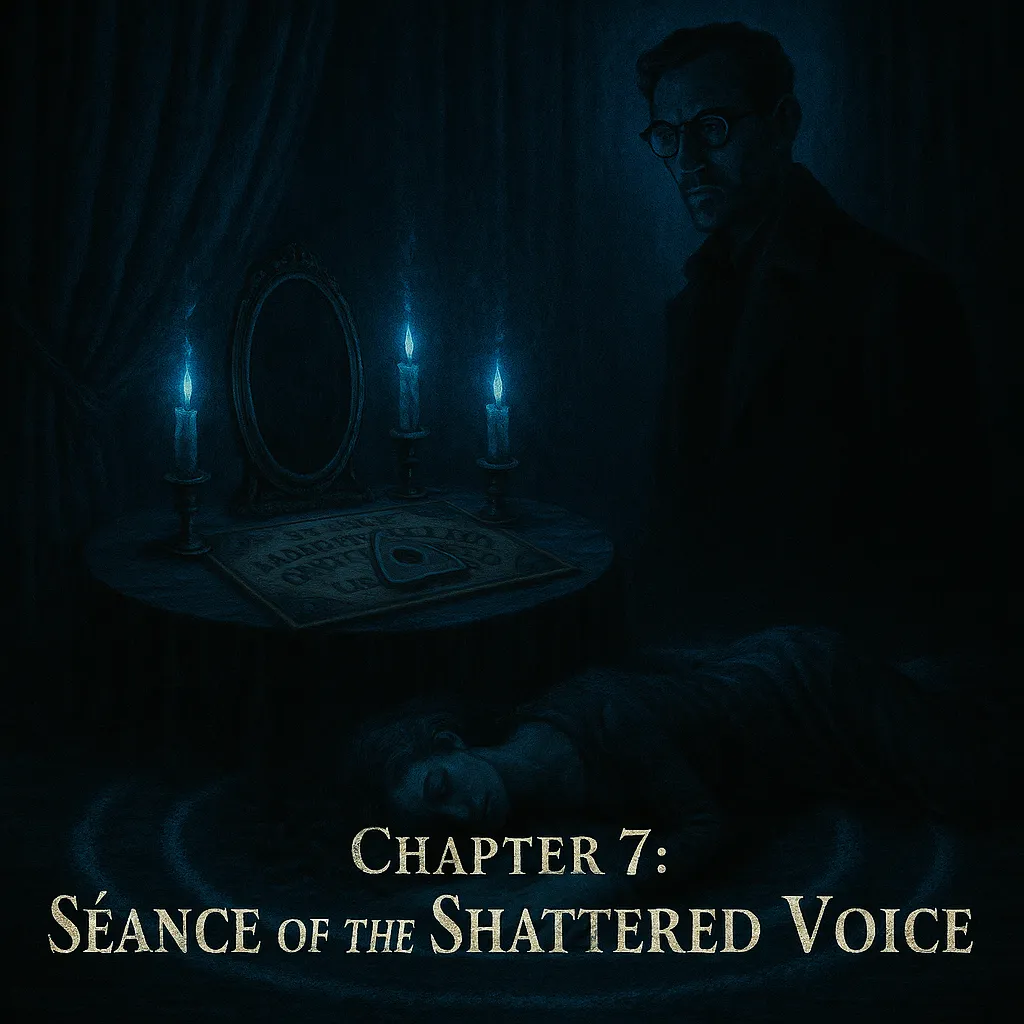 A square-format gothic scene shows a dark séance parlor bathed in eerie blue candlelight. Nathaniel Crowe, a tall figure in shadow with horn-rimmed glasses, stands beside a séance table holding an obsidian mirror and a spirit board. A woman lies unconscious on the floor, encircled by a spiral of salt. At the bottom, the distressed serif text reads: “Chapter 7: Séance of the Shattered Voice.”