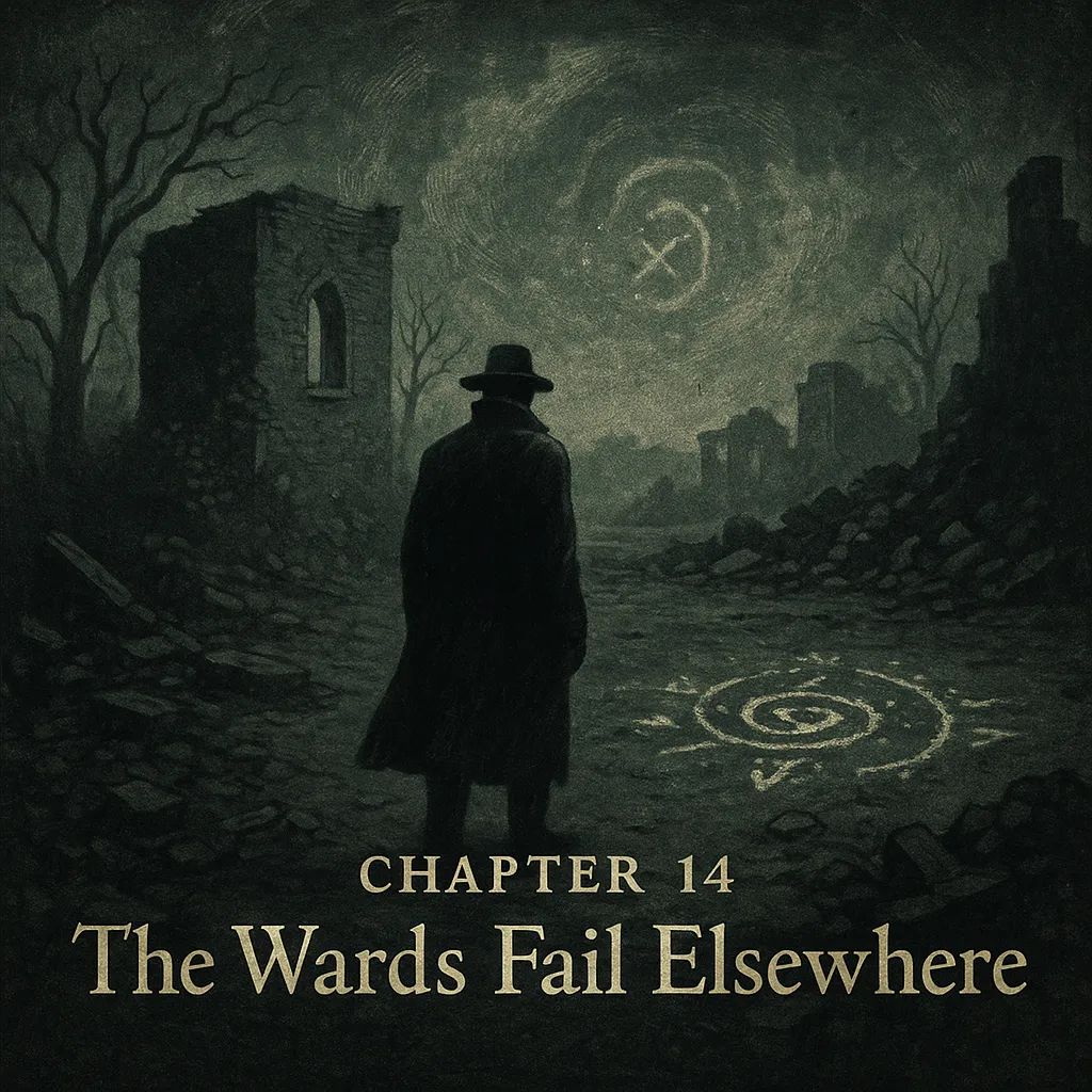 A square, vintage-style illustration of a darkened, ruined lot beneath a stormy sky. Nathaniel Crowe stands cloaked in shadow, facing a glowing salt-sigil on the ground. Broken stone walls and leafless trees loom around him. In the misty sky above, faint arcane symbols glimmer ominously. At the bottom, the text reads: “Chapter 14: The Wards Fail Elsewhere” in a distressed antique serif font.