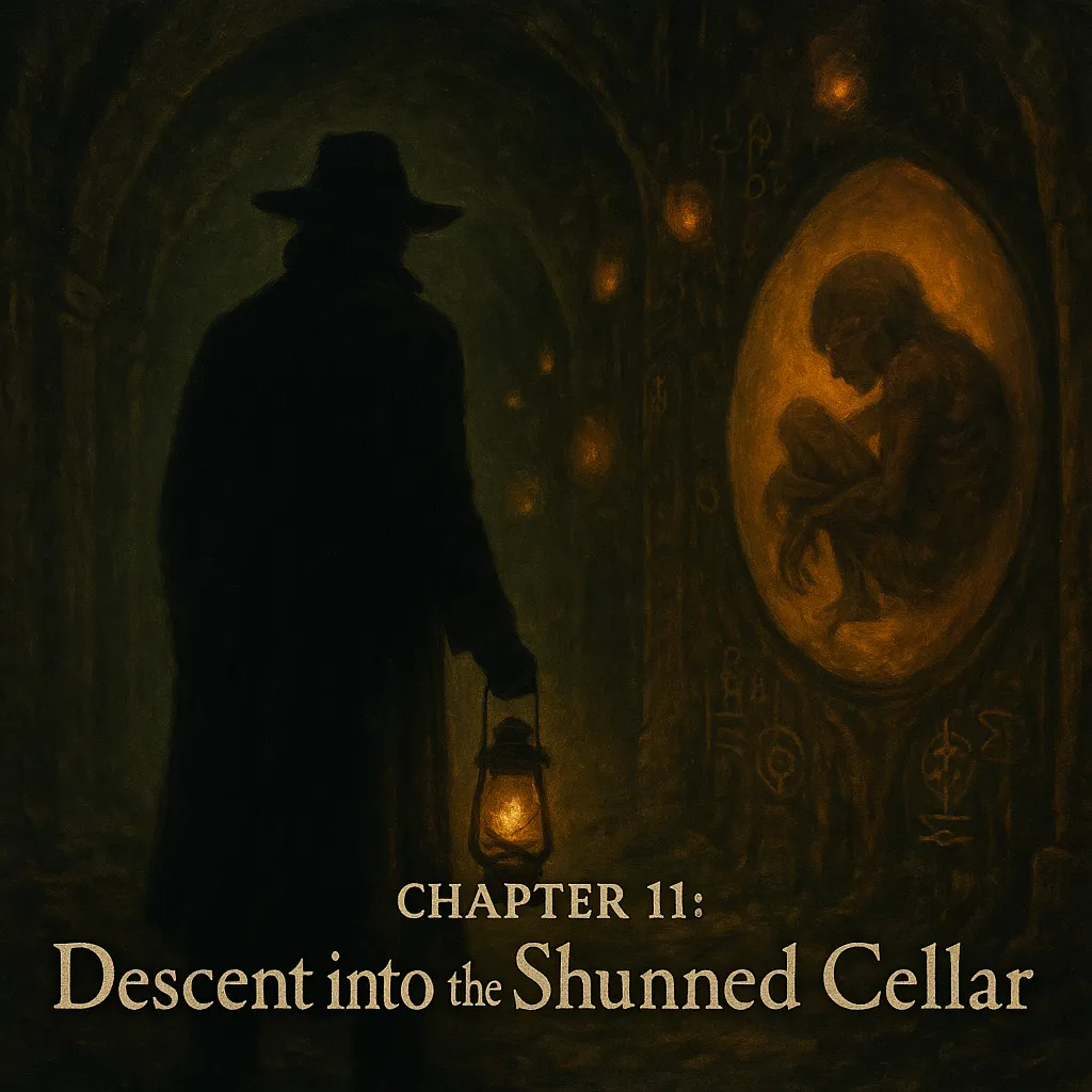 A square-format painting depicts Nathaniel Crowe from behind, cloaked in shadow and holding a glowing lantern as he stands in a subterranean chamber. The environment is dimly lit with warm amber tones. A large, resin-like pod containing a curled, malformed humanoid form glows to the right, surrounded by cryptic glyphs etched into the stone walls. Other amber orbs float faintly in the background, and the scene radiates eerie stillness. At the bottom of the image, antique serif text reads: “Chapter 11: Descent into the Shunned Cellar.”
