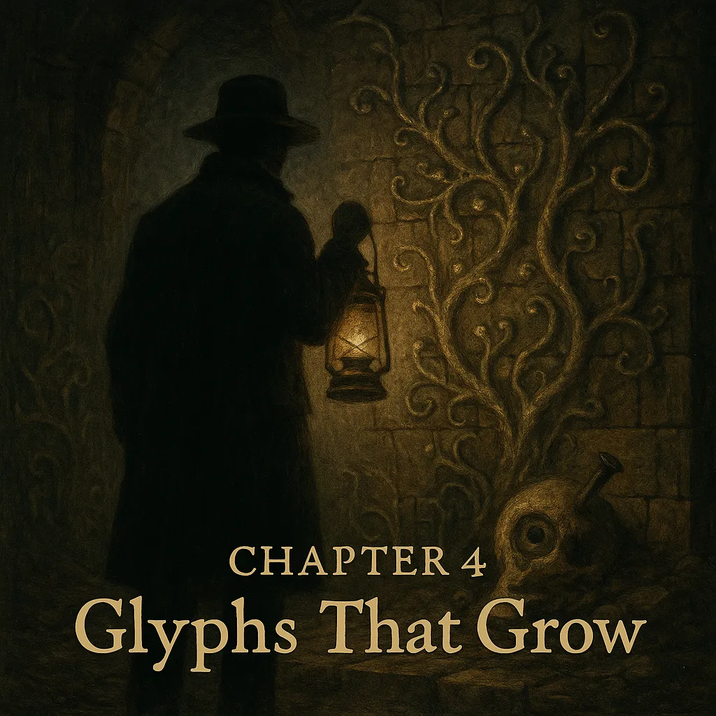 A traditional painting, possibly an oil or acrylic, depicts Nathaniel Crowe standing in a dimly lit, ancient subcellar. He is seen from behind, cloaked in shadow and holding a lantern that casts a warm, flickering glow on a stone wall ahead. Twisting, organic glyphs grow from the masonry like fungal vines, glistening faintly. Near the base of the wall lies a weathered skull with a rusted iron nail driven into its temple, evoking a sense of eldritch ritual. The chapter title “Chapter 4: Glyphs That Grow” is inscribed at the bottom in an antique serif font, subtly distressed to match the eerie atmosphere.