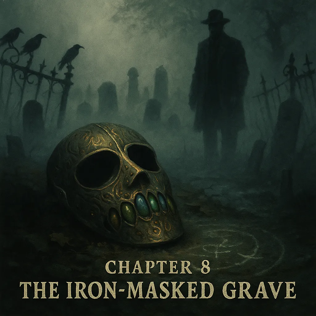 A digital painting shows a mist-blanketed cemetery at twilight, where leaning gravestones fade into a gloomy fog. In the foreground lies an ominous iron mask, its mouth sealed with multicolored sea-glass teeth and etched with cryptic glyphs. The ground beneath it forms faint salt-ring sigils. In the background, a shadowy figure of Nathaniel Crowe watches silently, partially obscured by the swirling mist. Black crows perch on a wrought iron fence to the left, all facing inward. The atmosphere is dense with dread, with distressed antique serif text at the bottom reading: “Chapter 8: The Iron-Masked Grave.”