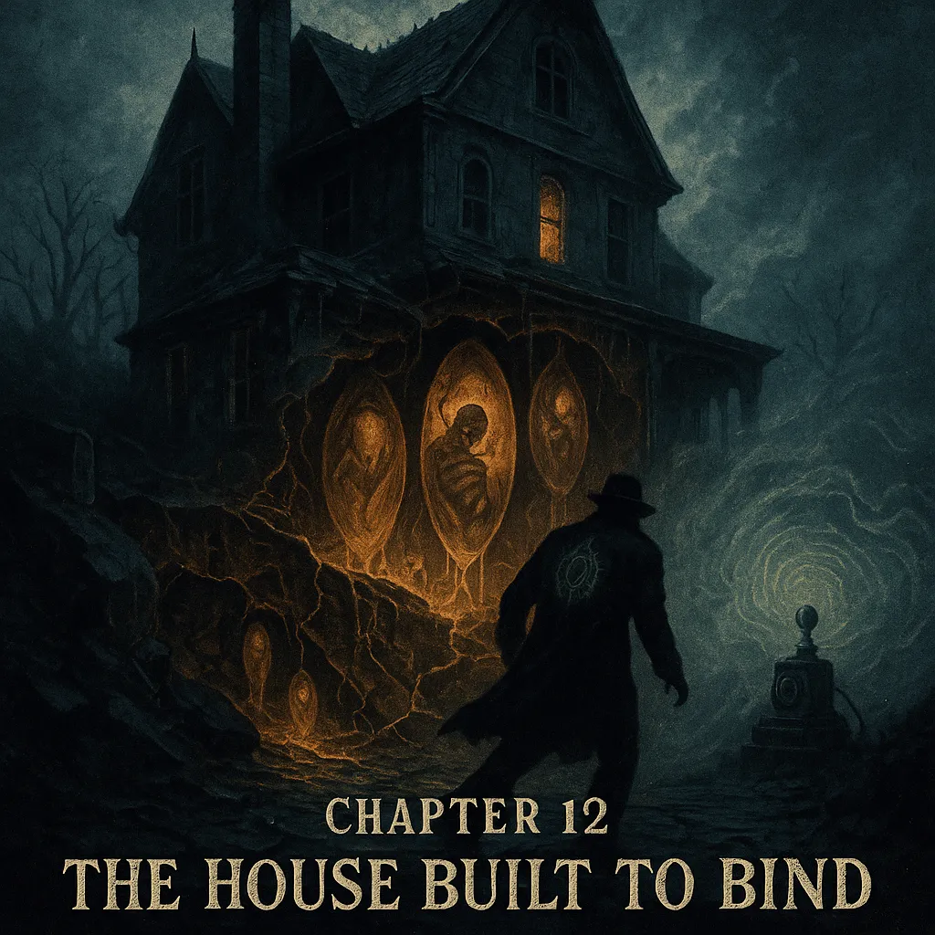 A gothic mansion looms under a stormy sky, its structure warped inward as if collapsing. Glowing amber light emanates from cracks in the earth beneath it, revealing suspended chrysalis pods with malformed humanoid figures inside. A cloaked figure, Nathaniel Crowe, flees in the foreground, a glowing sigil etched on his back. Near the curb, a resonant device emits a protective force field. Below, in antique serif font, the chapter title reads: “Chapter 12: The House Built to Bind.”