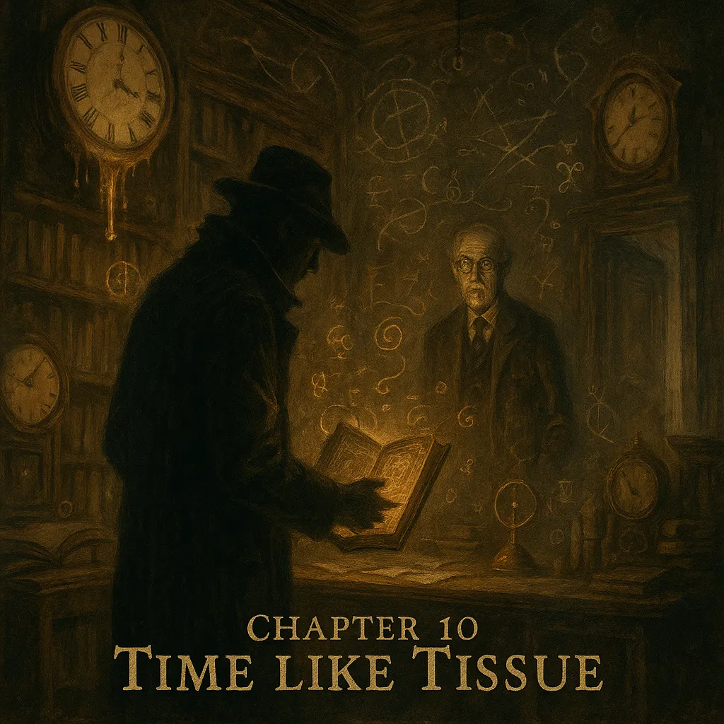 A dark, painterly scene of a candlelit academic study with warped walls and shelves. Nathaniel Crowe, cloaked in shadow, examines a glowing, levitating journal inscribed with glyphs. In the background, Professor Merriweather stands sternly amid curling equations and antique instruments. Clocks on the ceiling drip as if melting, and faint golden runes swirl in the air. At the bottom, text reads: “Chapter 10: Time Like Tissue” in an aged, serif font with eerie distressing.