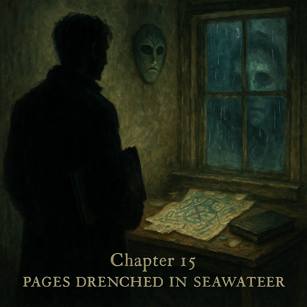 A shadowy figure of Nathaniel Crowe stands in a dimly lit study, facing a desk soaked with briny moisture. A glowing map marked with glyphs lies spread out, and a sea-glass-and-iron mask hangs on the wall beside a fogged window. In the mist outside, a second ghostly face is faintly visible. At the bottom, text reads: “Chapter 15: Pages Drenched in Seawater” in an antique serif font.