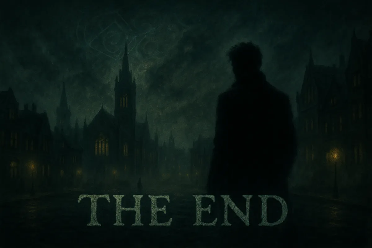 A wide, cinematic view of the gothic city of Arkham at night. Fog rolls through the cobbled streets, shrouding towering spired buildings with glowing windows. Above, the night sky swirls with ominous clouds and faint, alien geometries. At center right stands Nathaniel Crowe, his silhouette obscured by mist. Below, large eldritch letters formed from cracked stone read “THE END.” The scene radiates cosmic dread and eerie stillness.