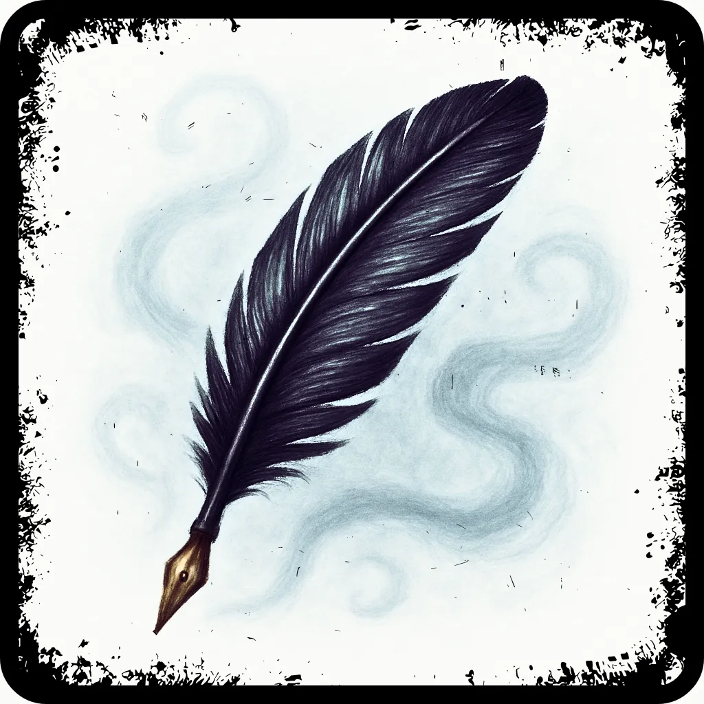 A square, emoji-style illustration featuring an elegant quill resting atop a softly swirling, smoky background in muted shades of grey, silver, and pale blue. The quill has a graceful, curved shape with finely textured dark feathers that shimmer subtly, and a sleek gold nib that gleams against the light backdrop. Wisps of smoke drift gently around the quill, creating a sense of calm mystery and refined sophistication. The background is light and airy, allowing the dark quill to stand out clearly—making the image suitable for display on a white page while maintaining its intricate, gothic charm.
