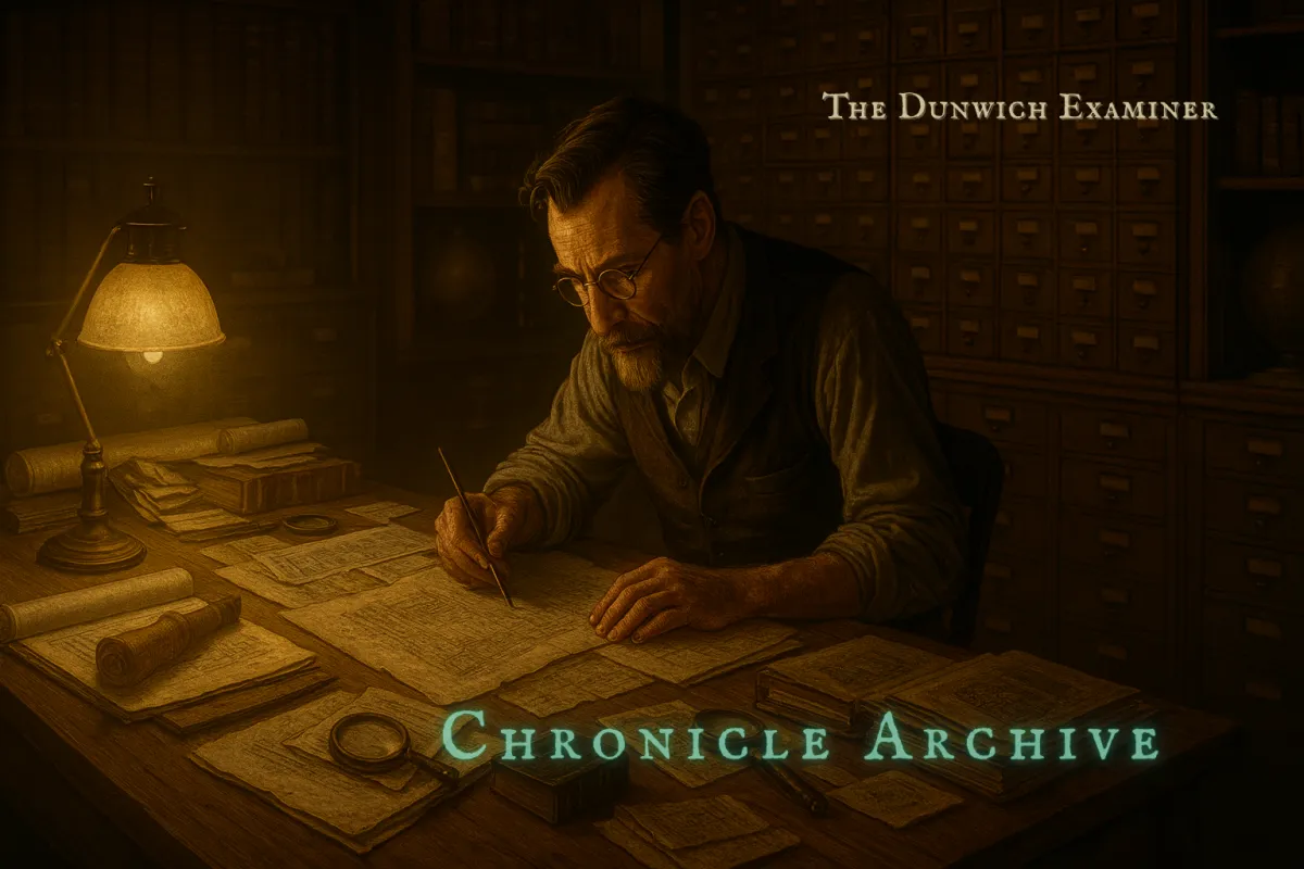 Bearded man in glasses studies old documents at a wooden desk under a warm lamp, surrounded by maps, books, and card catalog drawers in a dim archive room.
