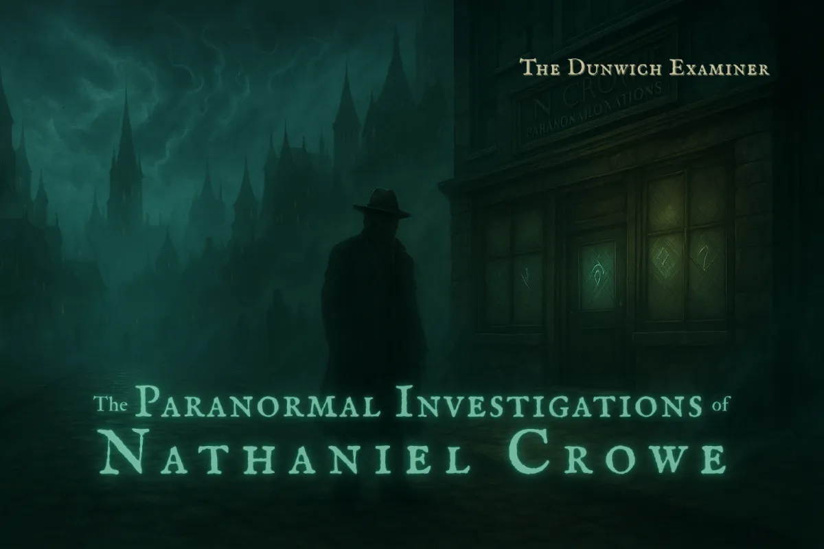 Silhouetted man in a fedora stands on a misty cobblestone street before a shadowed building with glowing symbols, gothic spires rising in the foggy distance.