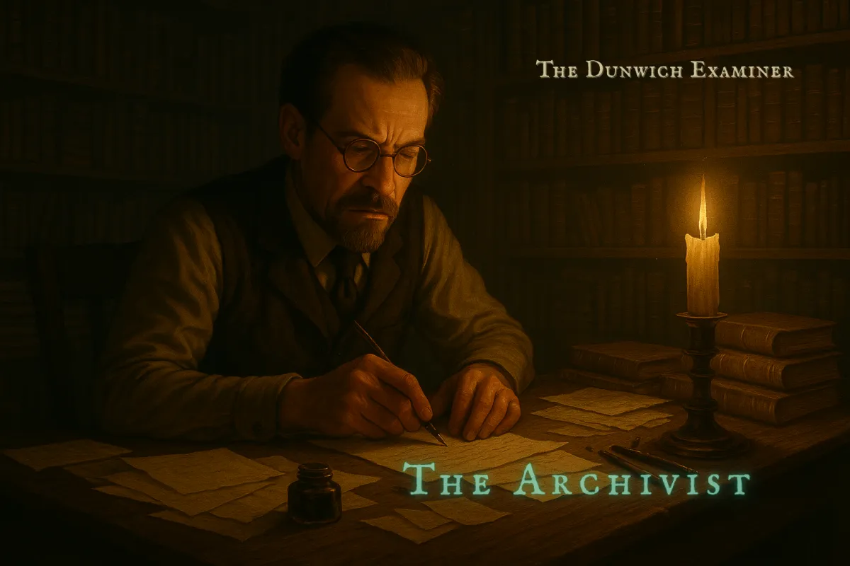Scholarly man in glasses writes at a wooden desk by candlelight, surrounded by bookshelves and stacks of aged volumes in a dimly lit study.