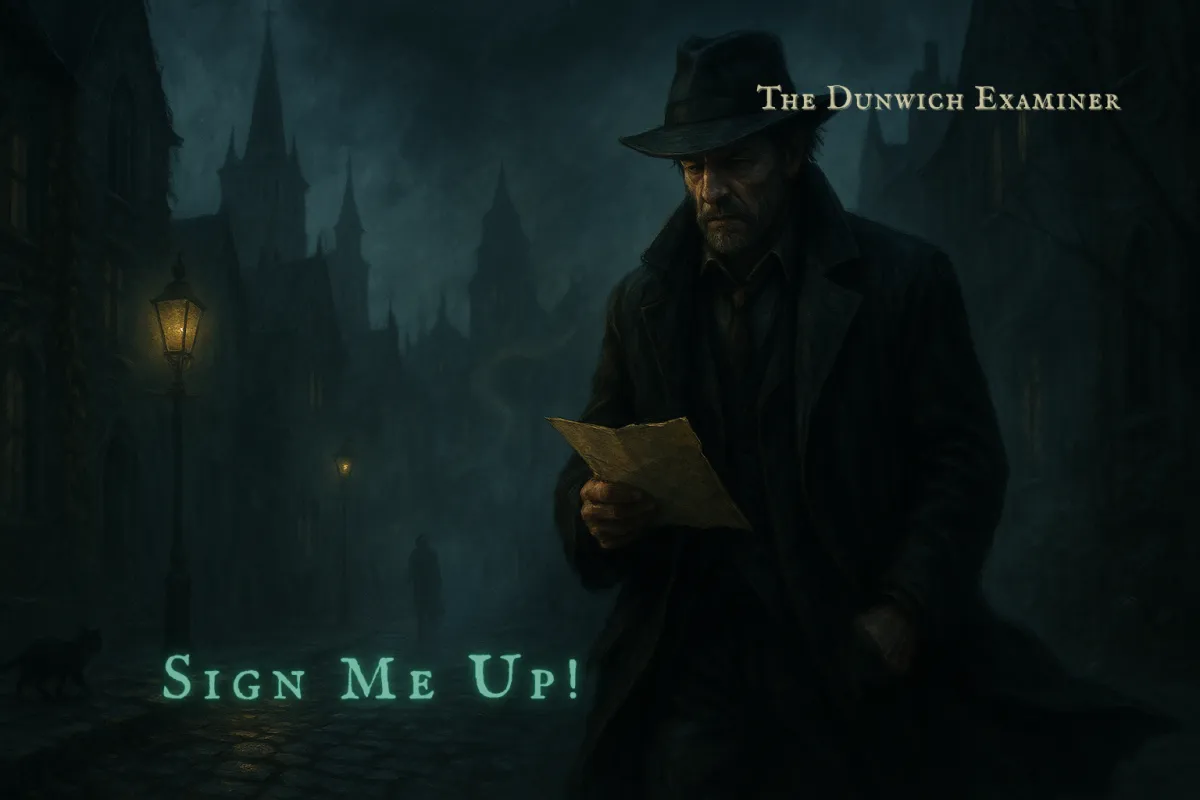 Man in a dark trench coat and fedora reads a weathered paper while walking a foggy, lamplit cobblestone street, shadowy figure and black cat in the distance.