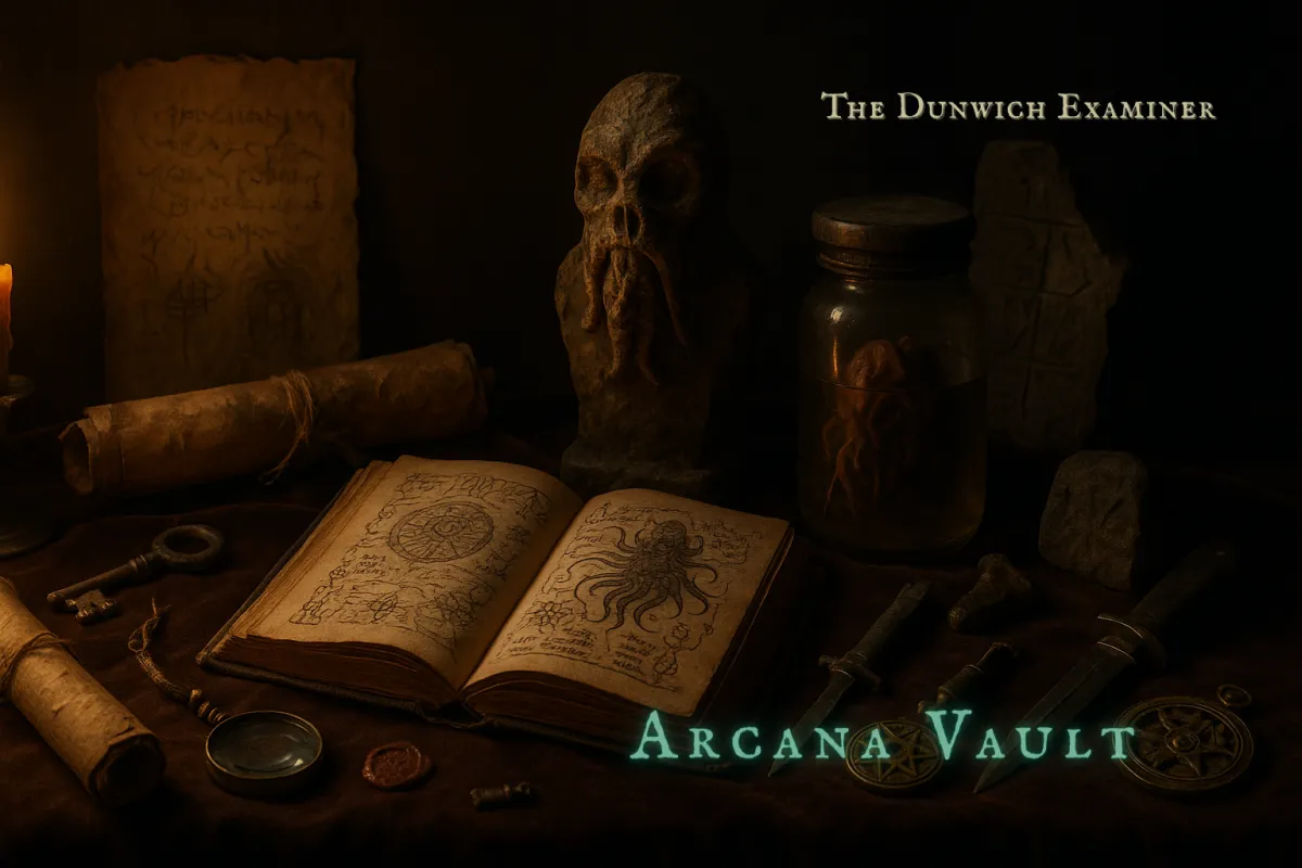 Dimly lit occult study scene with ancient scrolls, an open grimoire of arcane symbols, a Cthulhu idol, preserved specimen in a jar, and ritual artifacts.