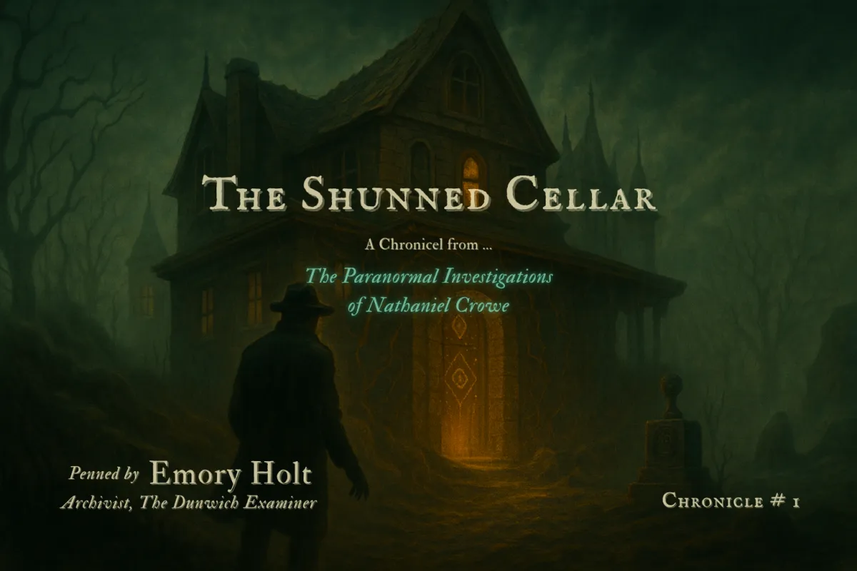 Silhouetted man in a fedora approaches a dark, gothic house in a foggy forest, its cellar door glowing with an eerie orange light through carved symbols.