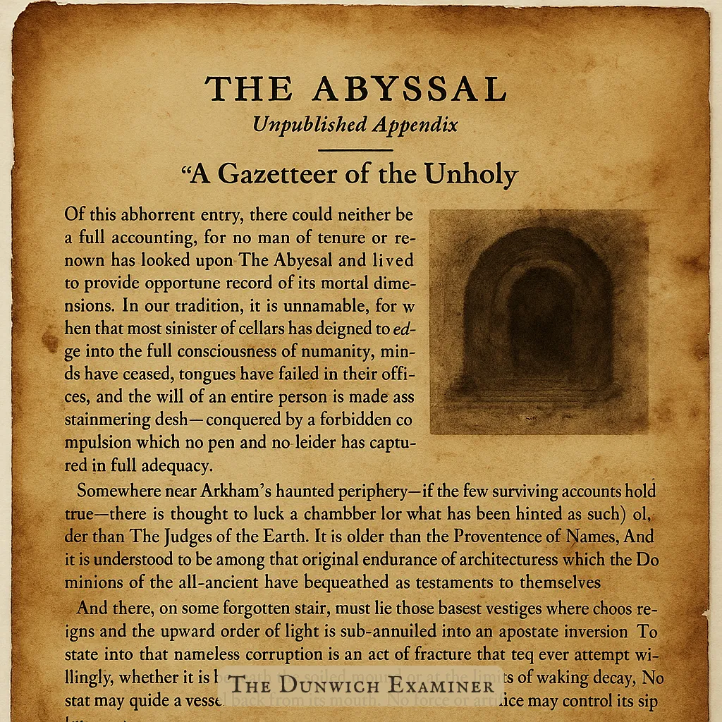 A weathered manuscript page from a forbidden gazetteer, covered in dense, arcane script and faded annotations. At its center, a diagram of an unnamed, mind-shattering site marked by spiraling glyphs and sigils. Several lines are intentionally obscured or struck through, as if to erase knowledge too dangerous to retain.