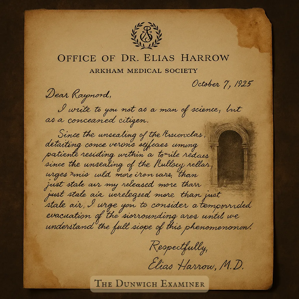 A weathered letter typed on aged paper, bearing the letterhead of Dr. Harrow. The text expresses urgent concern over the psychological effects of the Mallory estate on nearby residents, citing dreams, behavioral changes, and unexplainable dread. Certain lines are underlined, and the letter is marked Confidential in bold at the top.