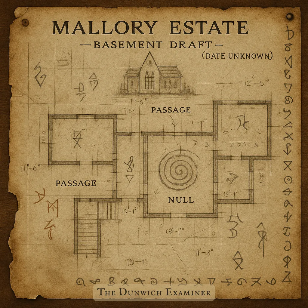 A hand-drawn architectural sketch on aged, yellowed paper, depicting a subterranean chamber with non-Euclidean geometry. The design reveals a series of descending chambers beneath the Mallory estate, culminating in a central oval structure labeled with cryptic glyphs. Fine lines suggest layered strata and irregular walls, while annotations in faded ink circle areas of interest. The overall composition evokes secrecy and ancient construction, implying that the underground structure predates the visible estate above.