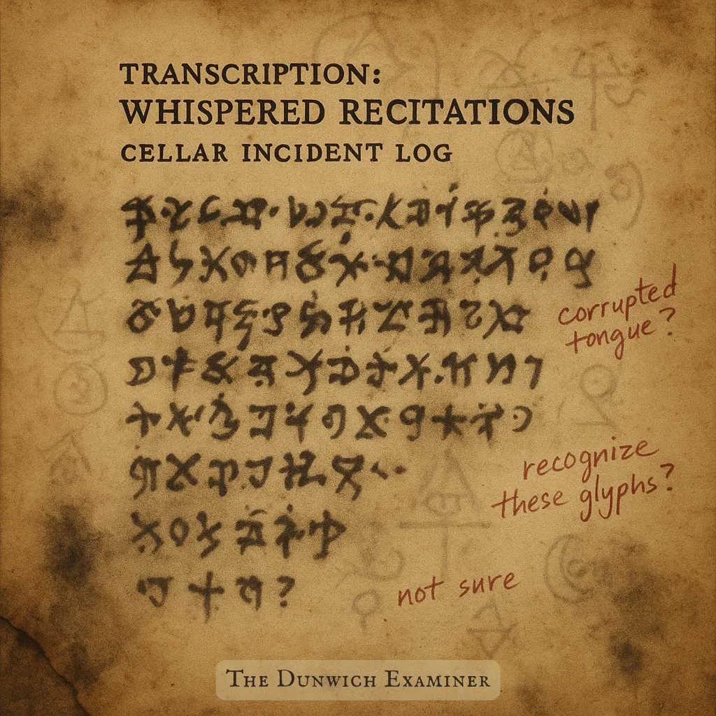 A distressed journal page filled with jagged, looping script—part phonetic scrawl, part glyph—attempting to capture the whispers from beneath the Mallory cellar. The writing is uneven and frantic, with symbols trailing into spirals and broken lines, as if the transcriber was losing coherence mid-sentence.