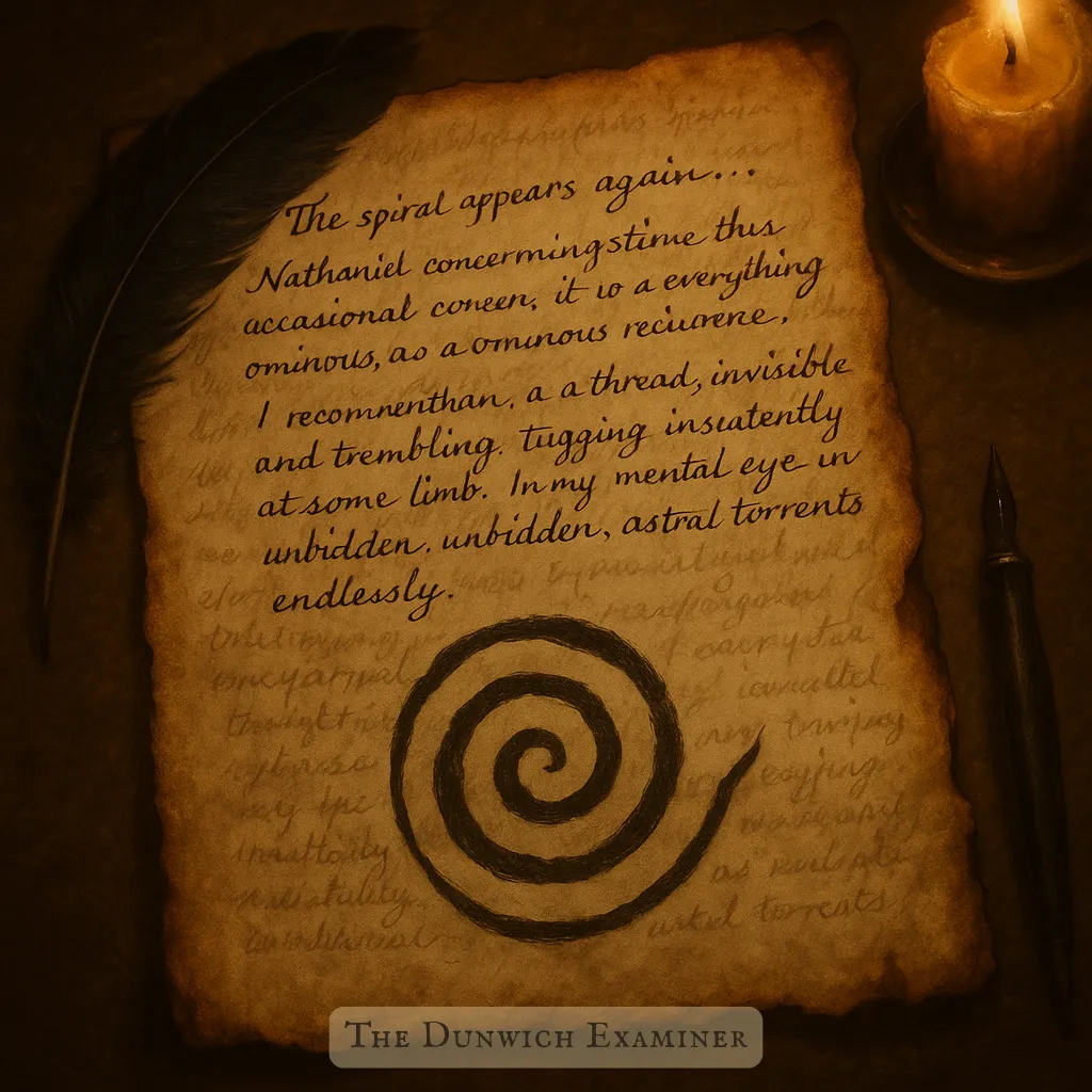 A page from Nathaniel Crowe’s journal, marked by a large, hand-drawn spiral at its center. Surrounding notes in precise script detail his unease and the symbol’s repeated appearance within the Mallory estate. The spiral is smudged at the edges, as if it resisted being captured, and faint annotations suggest a deeper, hidden pattern.