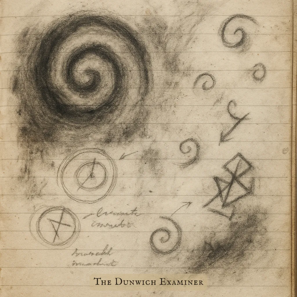 A journal sketch in Crowe’s precise hand, showing spirals, fractured lines, and sigil-like shapes rubbed in charcoal. The forms overlap and blur, as if in motion, with annotations in Crowe’s script circling certain symbols. Smudges and dark streaks imply a substance beyond ordinary stone.