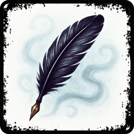 A square, emoji-style illustration featuring an elegant quill resting atop a softly swirling, smoky background in muted shades of grey, silver, and pale blue. The quill has a graceful, curved shape with finely textured dark feathers that shimmer subtly, and a sleek gold nib that gleams against the light backdrop. Wisps of smoke drift gently around the quill, creating a sense of calm mystery and refined sophistication. The background is light and airy, allowing the dark quill to stand out clearly—making the image suitable for display on a white page while maintaining its intricate, gothic charm.