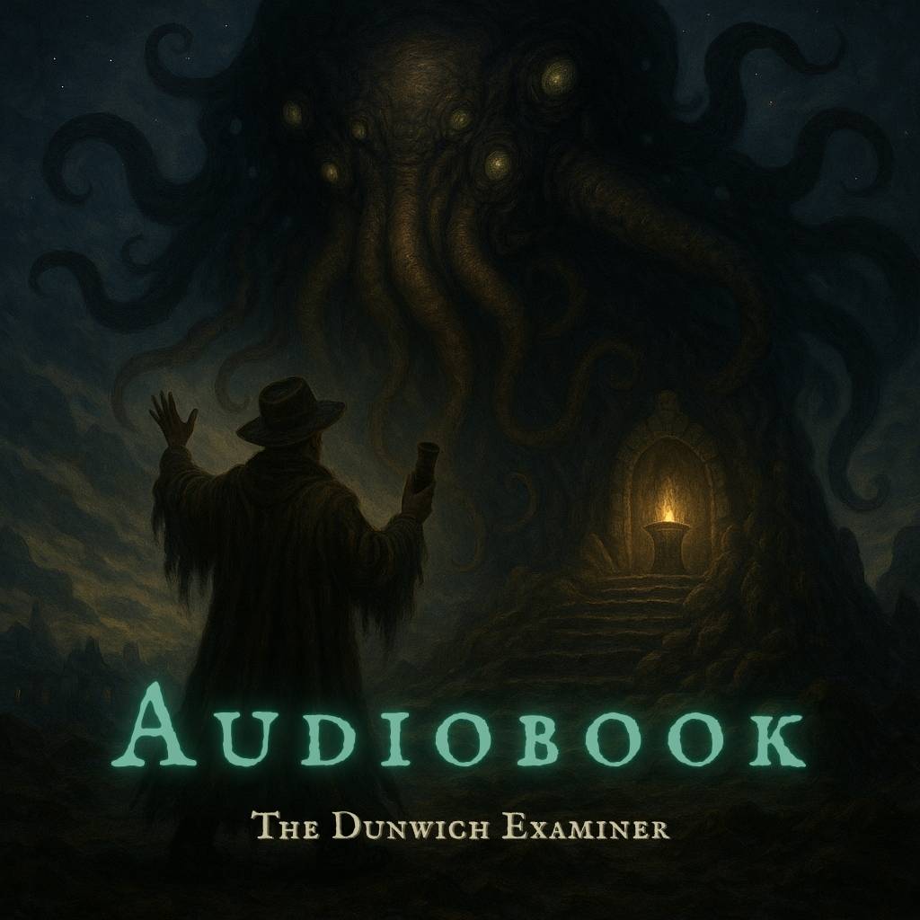 Cloaked figure faces a colossal tentacled entity beneath a starry sky; a single flame altar glows inside a stone archway.        Ask ChatGPT