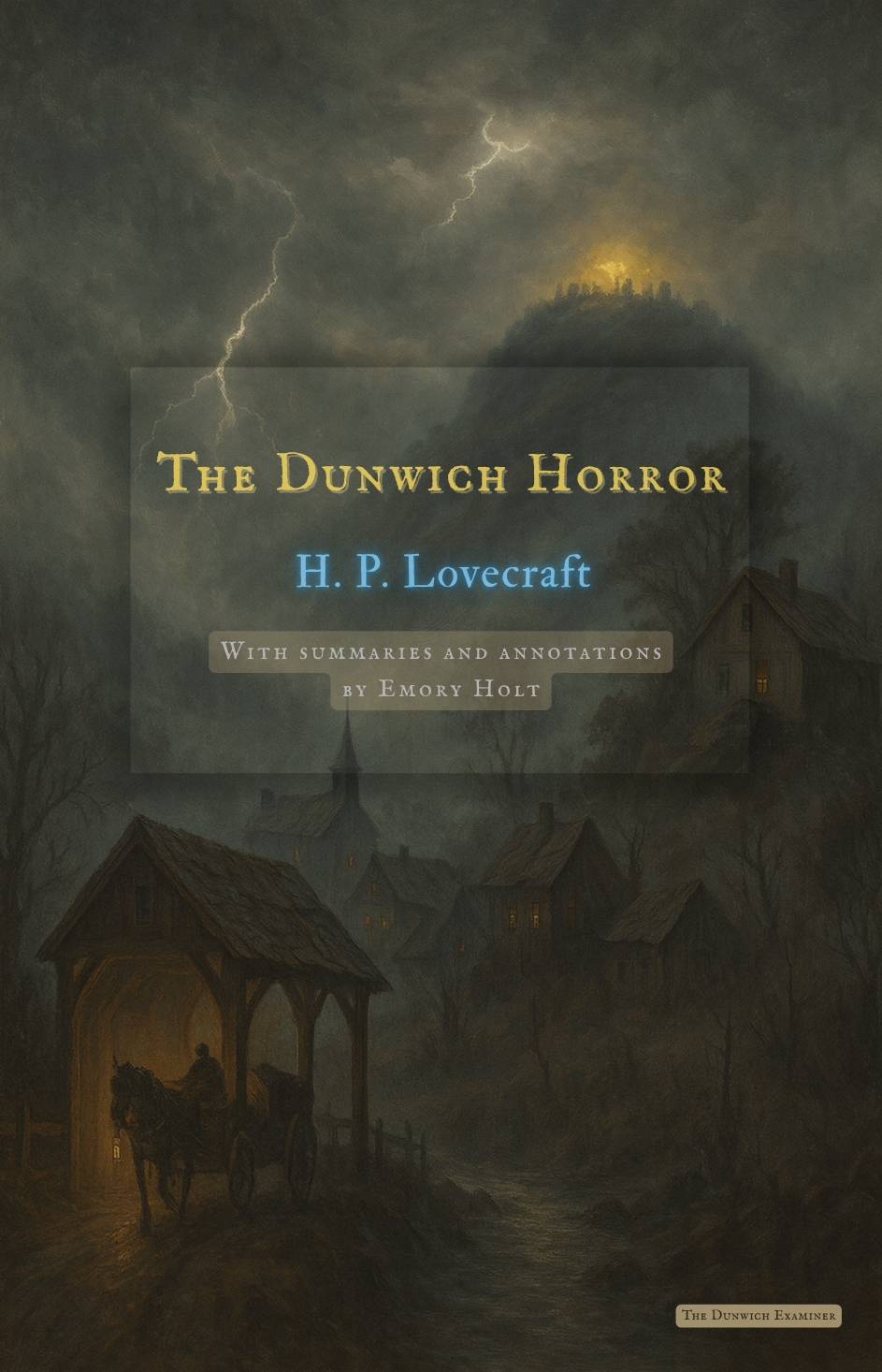 Silhouetted man in a fedora approaches a dark, gothic house in a foggy forest, its cellar door glowing with an eerie orange light through carved symbols.