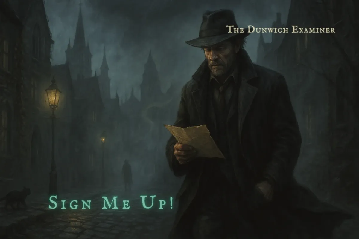 Man in a dark trench coat and fedora reads a weathered paper while walking a foggy, lamplit cobblestone street, shadowy figure and black cat in the distance.